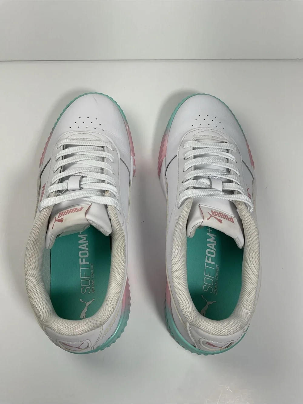Puma Carina 2.0 White Pink Mint Leather Sneakers Women’s Size 8 Casual Shoes